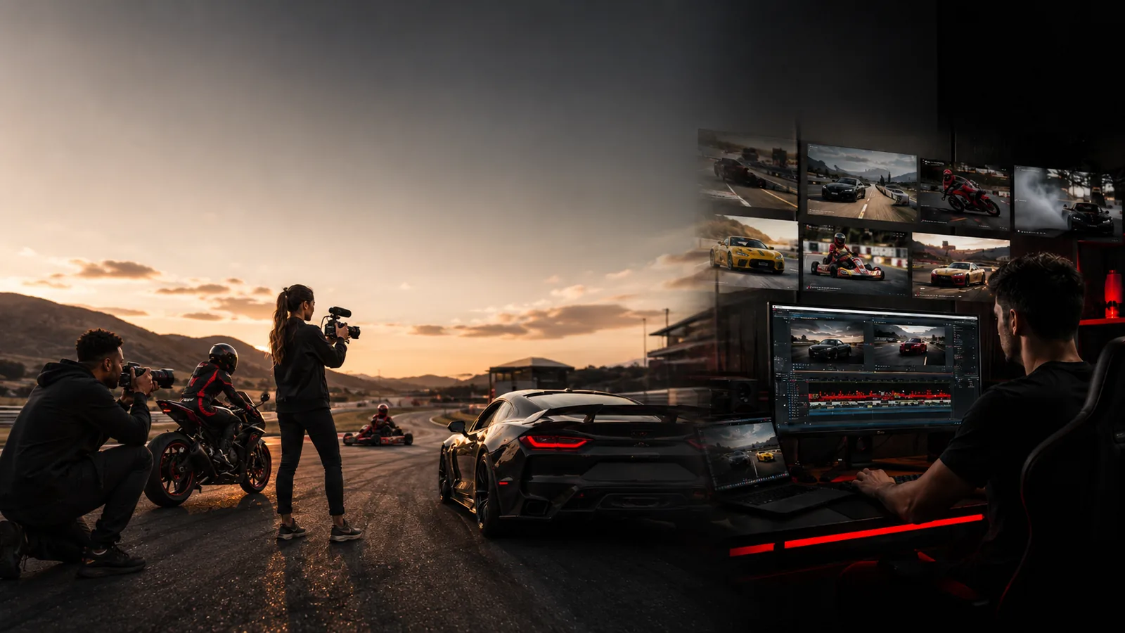 Automotive content creators filming track action beside an editor working in a production suite.