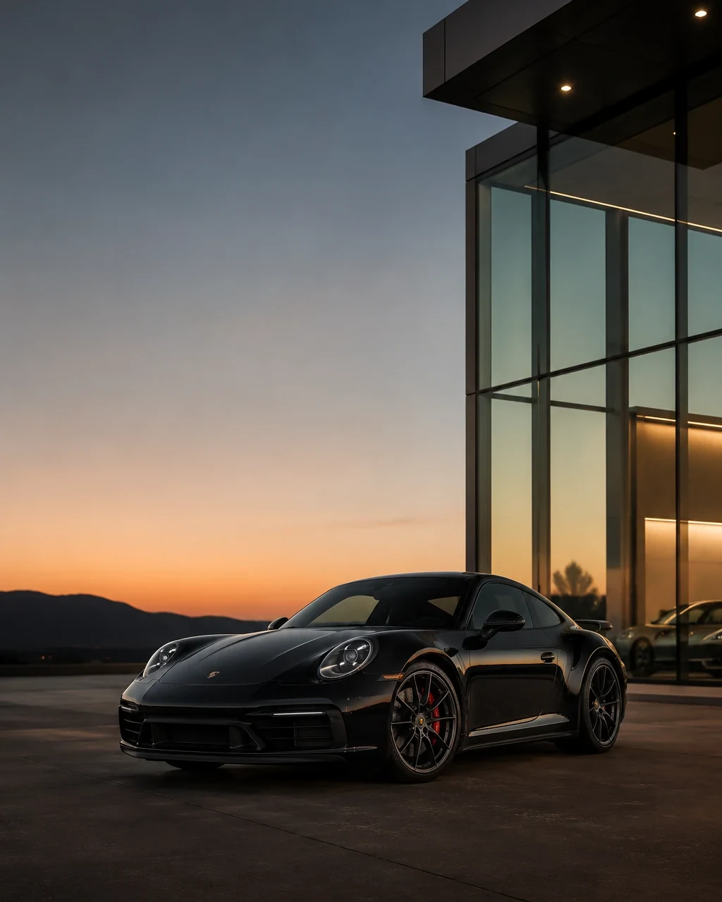 Performance car outside a premium automotive showroom.