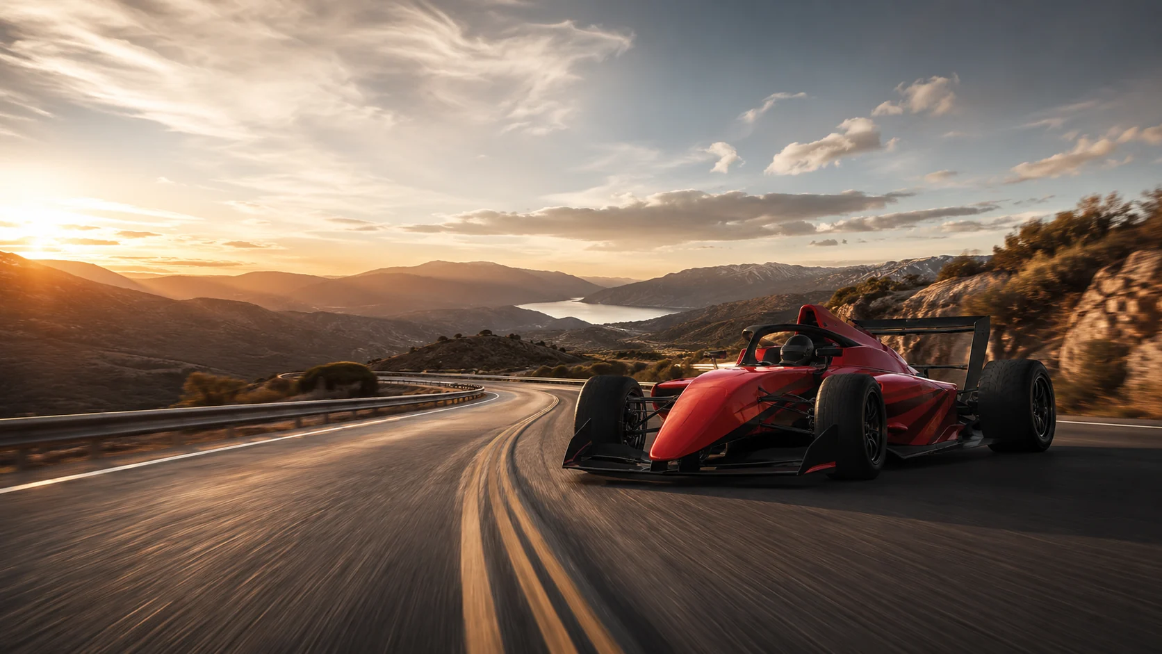 RYN FP3 formula-style road car driving through a mountain pass at sunset.
