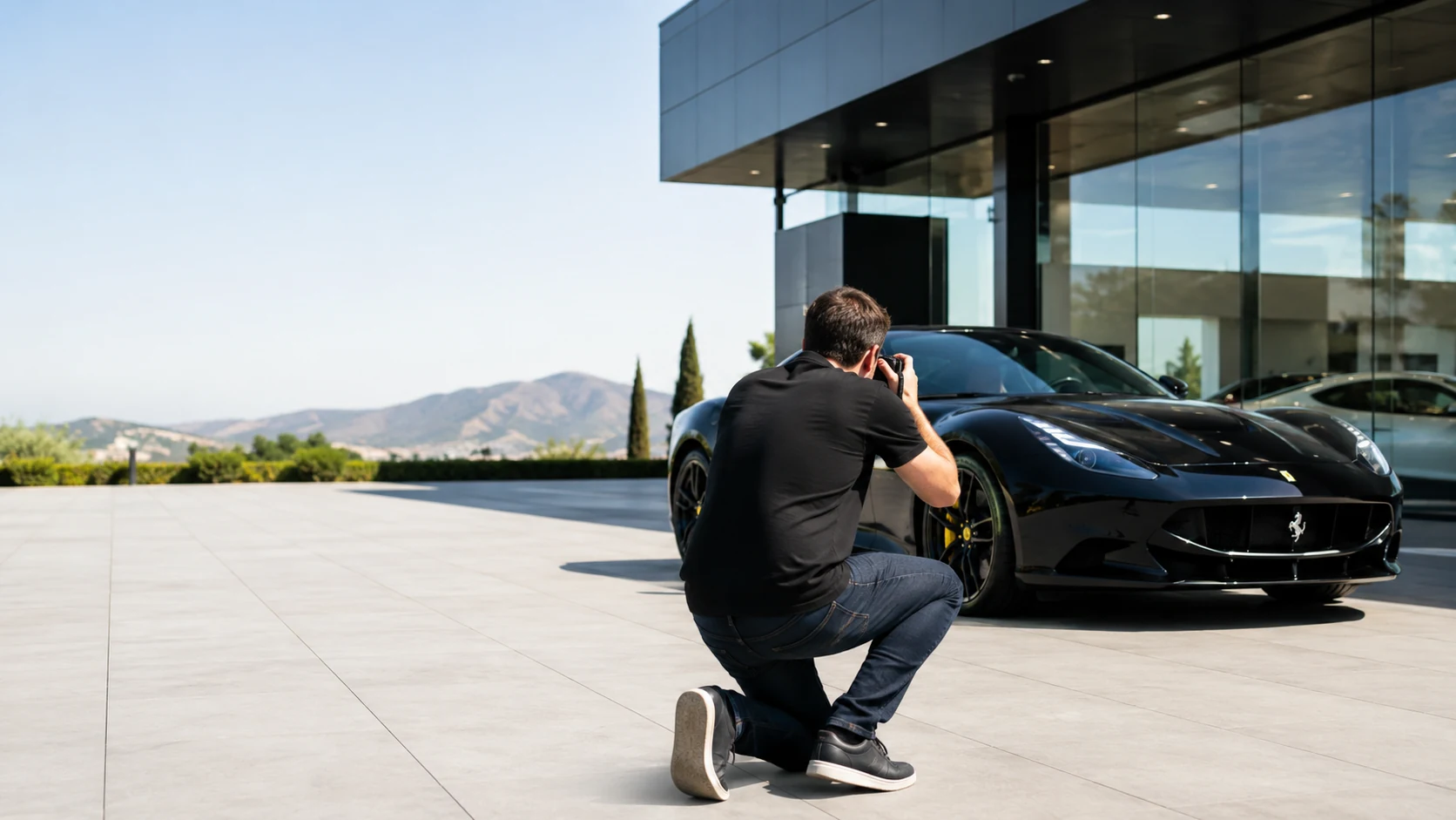 Professional automotive photographer photographing a performance car at an upscale dealership.