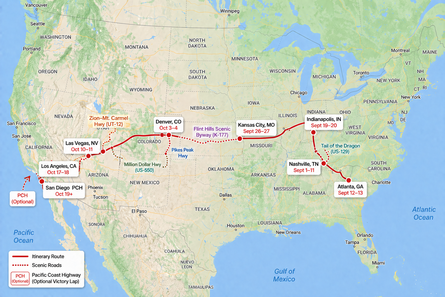 First Pursuit National Tour Route — Nashville to Southern California