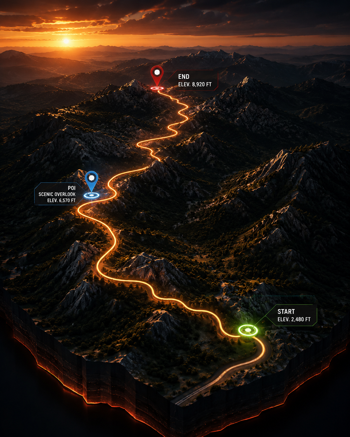 Winding canyon road through the mountains at sunset.